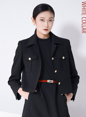 white collar黑色军旅风方领双上兜短上衣NIN0FA601