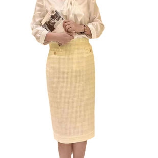 white collar黄色格后开叉配皮带中裙OL-HUANGG23-180