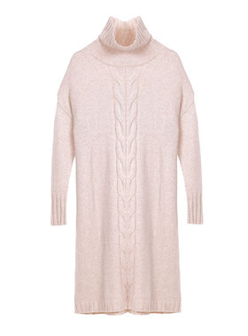 white collar浅驼羊绒羊毛高翻领前长绞花长袖连衣裙LNCM19-300