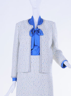 white collar白底兰点粗纺圆领拼边小香风长袖上衣LIANGSCF23-601