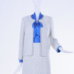 601 上衣LIANGSCF23 white collar白底兰点粗纺圆领拼边小香风长袖