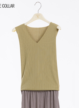 white collar草绿色新条纹褶V领无袖背心NTIAOWZ0FA002