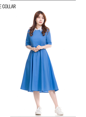 white collar兰色棉圆领短袖收腰大摆连衣裙MIAN0FL301