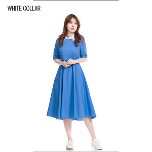 white collar兰色棉圆领短袖收腰大摆连衣裙MIAN0FL301