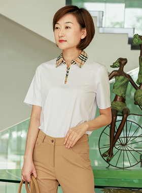 white collar夏季女士丝光棉拼米咖格T恤领短袖套衫SIGMIAN23-213