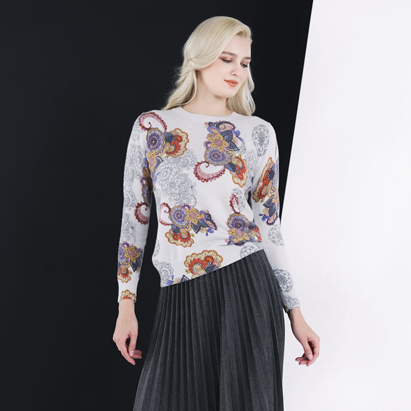 white collar水灰印花纯羊绒圆领长袖针织套衫LNCC20-205