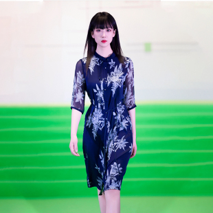 连衣裙OL 立领盘扣七分纱袖 TSHZ0FL302 collar兰底印花中式 white