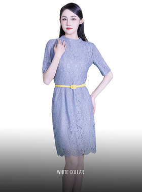 white collar兰灰蕾丝圆领后拉链短袖连衣裙LEISI0FL302