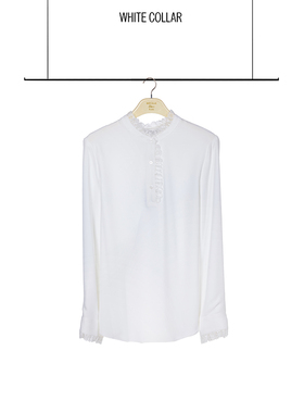 white collar白色浅黄浅焦糖花边领长袖衬衫 OL-CHENSH0FA208