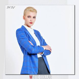 白领女士宝蓝格子羊毛戗驳领一粒扣贴袋长袖 601 上衣外套YMJF21