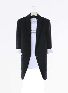 white collar黑色大西服领贴袋八分袖大外衣OL-BLK23-601