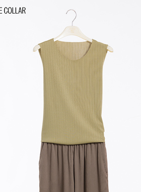 white collar草绿色新条纹褶圆领无袖背心NTIAOWZ0FA001