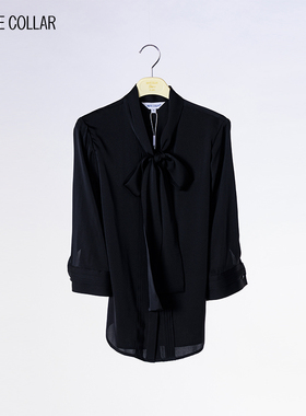 white collar黑色飘带领前片压条圆摆七分袖衬衫   SS22-201-1