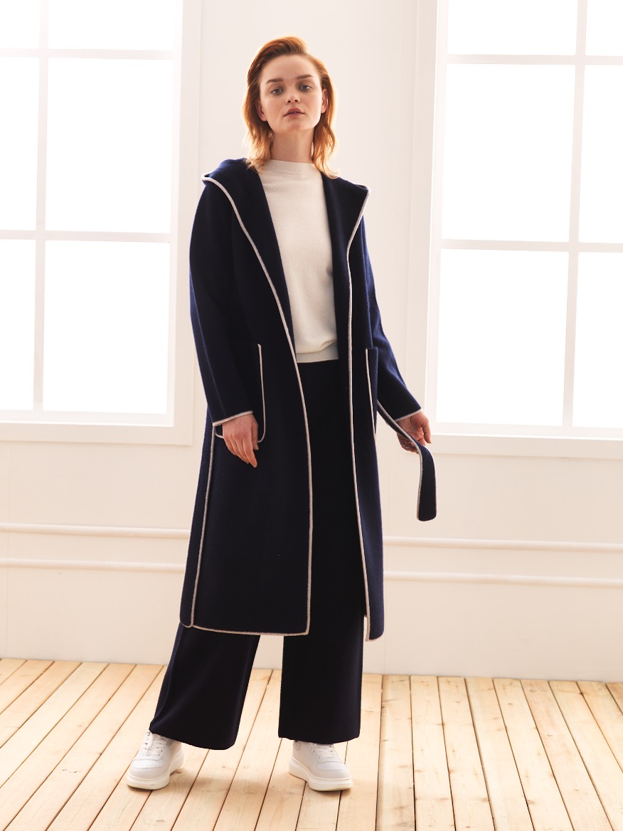 白领羊毛强缩绒带帽长袖中长开衫