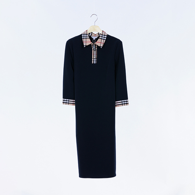 上青麻纱拼米咖格T恤领七分袖