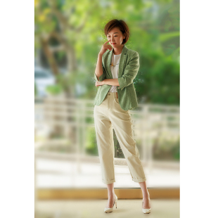 JES23 角卷边八分牛仔裤 collar女士米色烟管裤 white