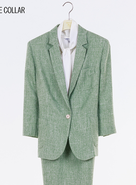white collar绿色麻纱西服领一粒扣贴袋七分袖上衣OL-LVMAS23-601
