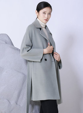 white collar灰绿羊毛真丝羊绒方领双排扣插兜中大衣YMYQ0FA920