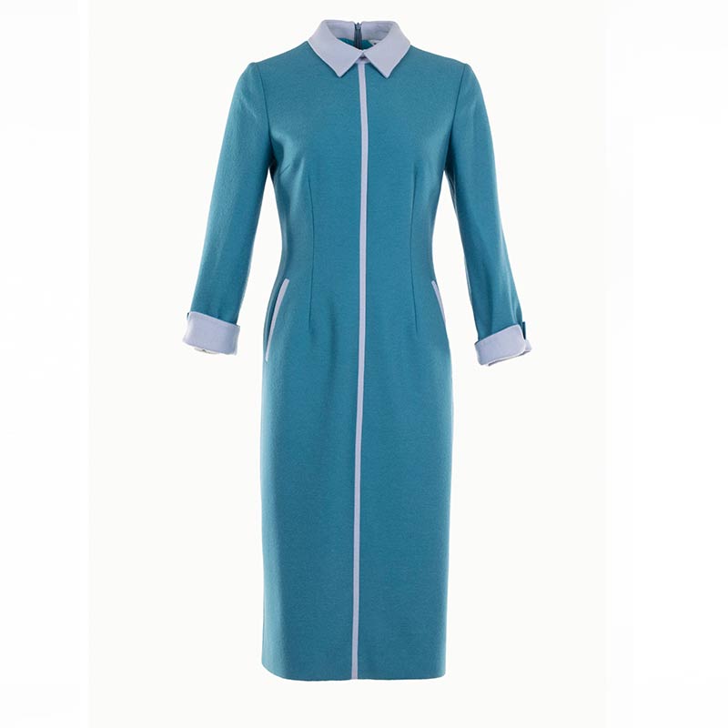 白领浅灰方领长袖后拉链连衣裙