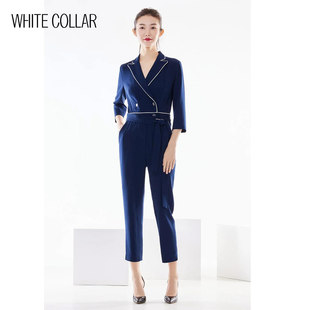 白领上青麻纱戗驳领拼白边系带中袖连身裤 OL-MASHA21-LSK1