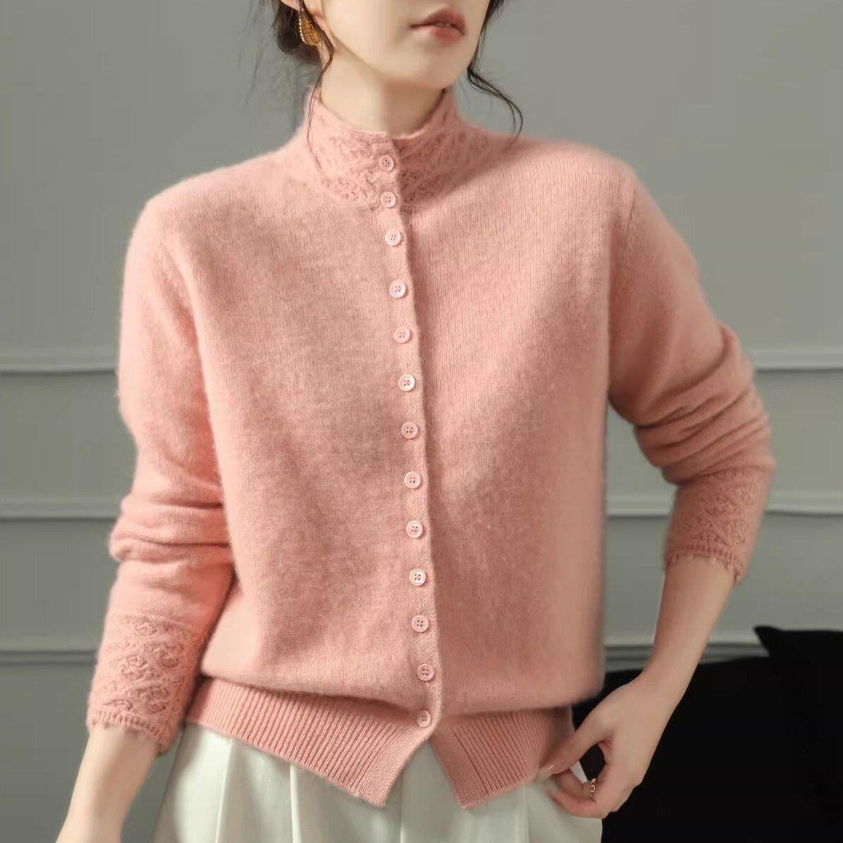 25秋冬新款羊绒开衫女半高领勾花100纯羊毛针织毛衣外套打底衫