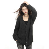 上衣 黑色v领麻花软糯慵懒毛衣外套女春秋高级感针织开衫 冬季 美式