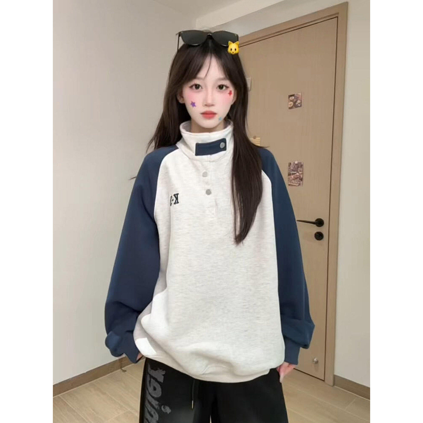 美式潮牌插肩袖立领卫衣女秋冬季2026新款加绒加厚宽松慵懒风上衣