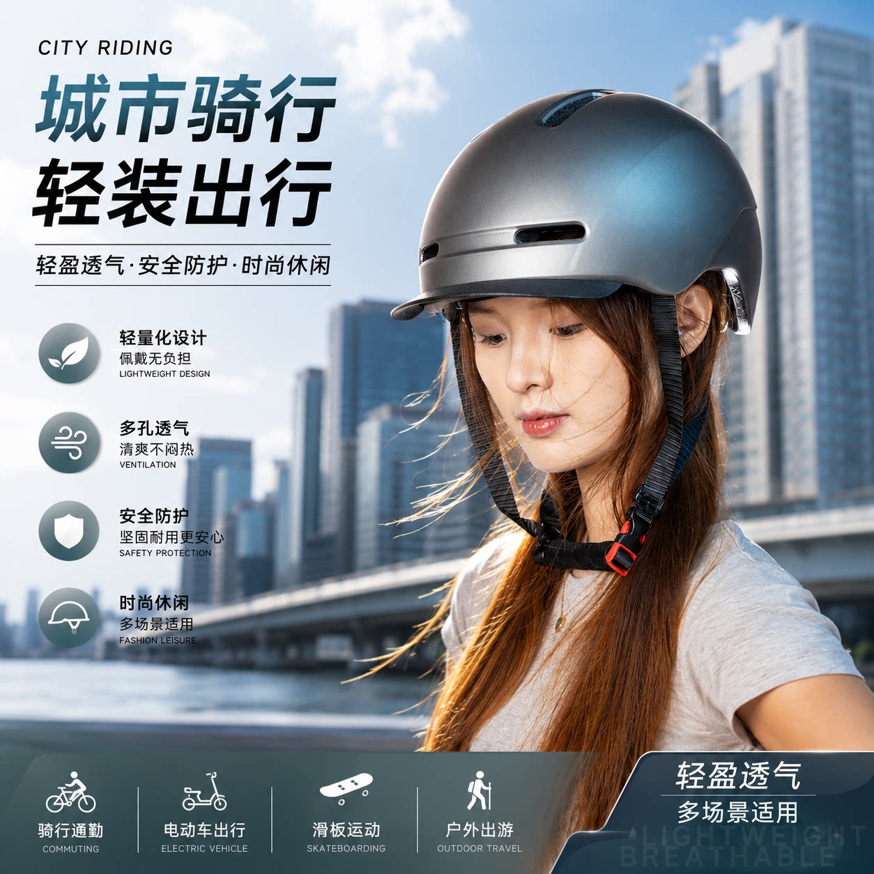 骑行头盔男女通用轻便透气城市通勤安全帽助力自行车平衡车防护盔