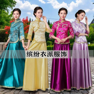 舞台表演服装女民国风贵妇装古典民乐演奏宴会礼服长裙中式喜娘服