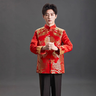 中国风男士高端织锦缎唐装婚宴喜庆敬酒主持司仪礼服中式祝寿服装