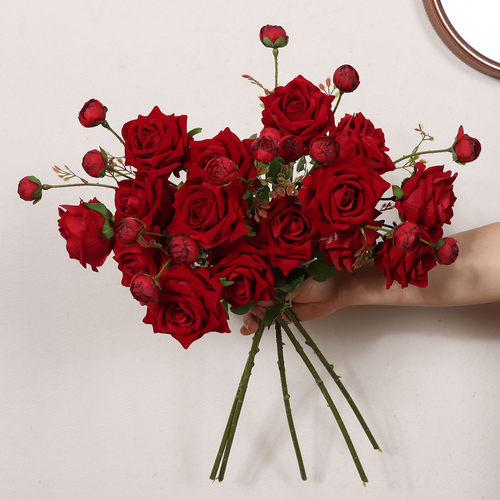 绒布6头卡罗拉红玫瑰仿真花