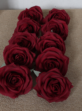 10cm深红色仿真玫瑰花头 黑巴克酒红色花墙布景搭配装饰绢布花朵