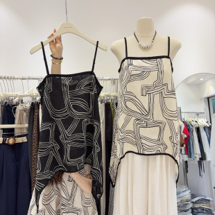 赵丽颖同款法式度假风休闲几何图案吊带背心无袖小衫宽松撞色上衣