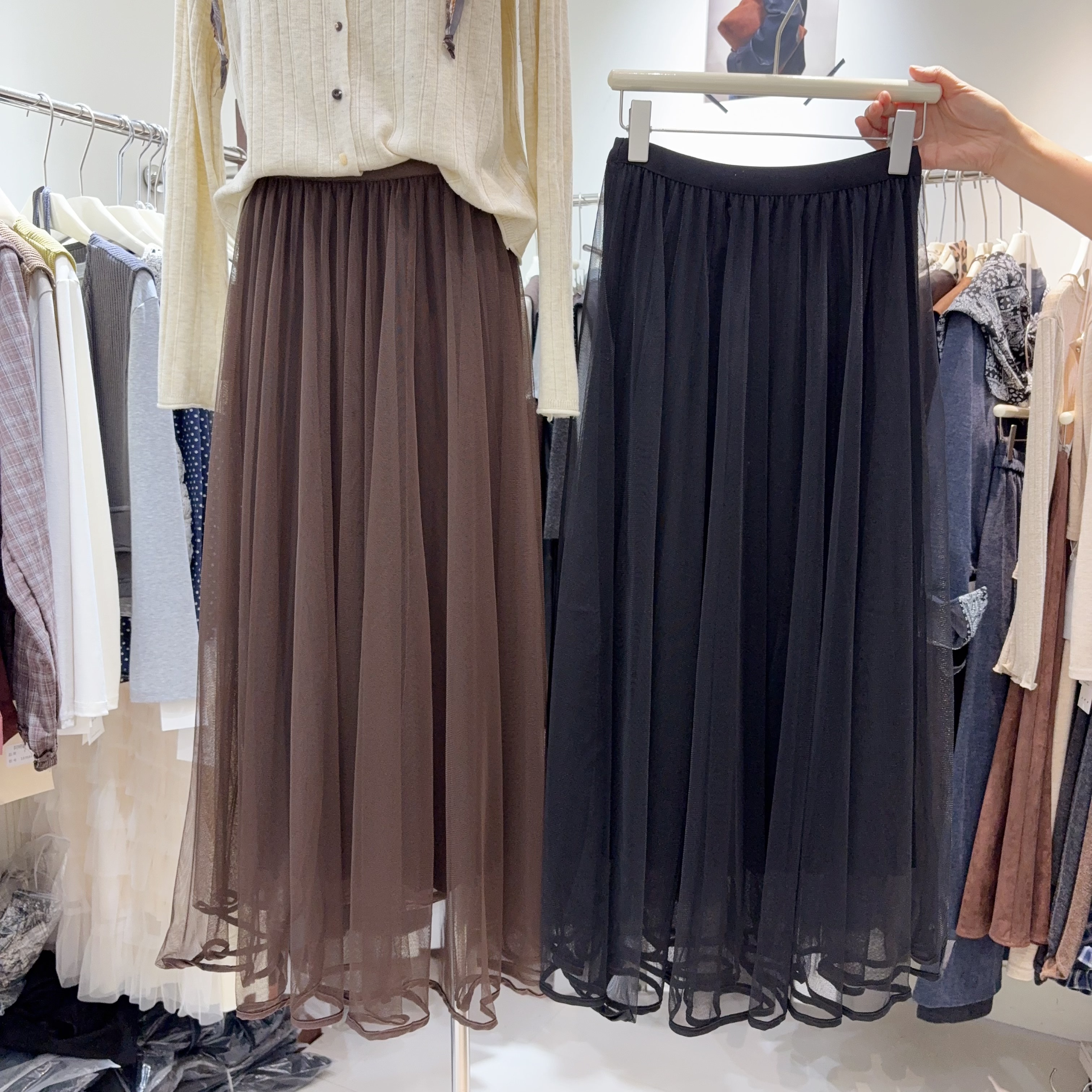 韩国东大门 松紧腰显瘦A字网纱裙女早秋飘逸半身裙百褶裙垂坠裙子