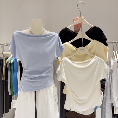 温柔松弛感 独特斜领一字肩开叉收腰短袖T恤女显瘦百搭上衣打底衫