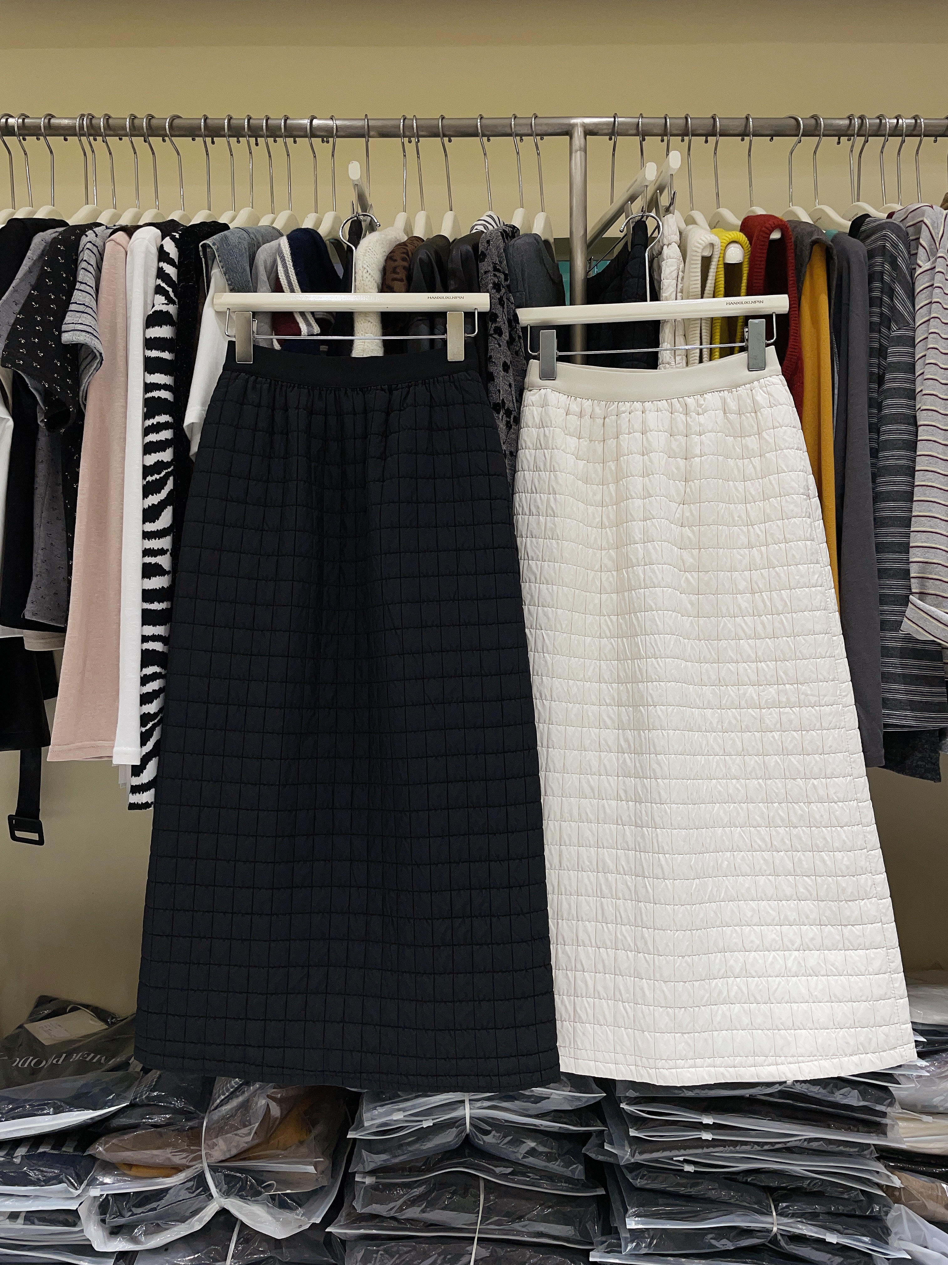 韩国东大门 松紧腰华芙格压线加棉半身裙女直筒裙后开叉女长裙子