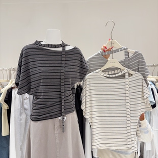 女装 T恤女显瘦上衣大弹力修身 潮 飘带斜肩条纹蝙蝠袖 设计感小众