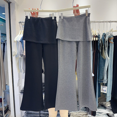 早秋新款！不规则假两件微喇裤子屁帘拼接修身显瘦休闲长裤棉料