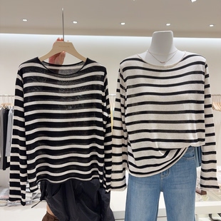 上身显瘦自留款 轻薄透气亚麻莱塞尔针织衫女长袖撞色条纹T恤上衣