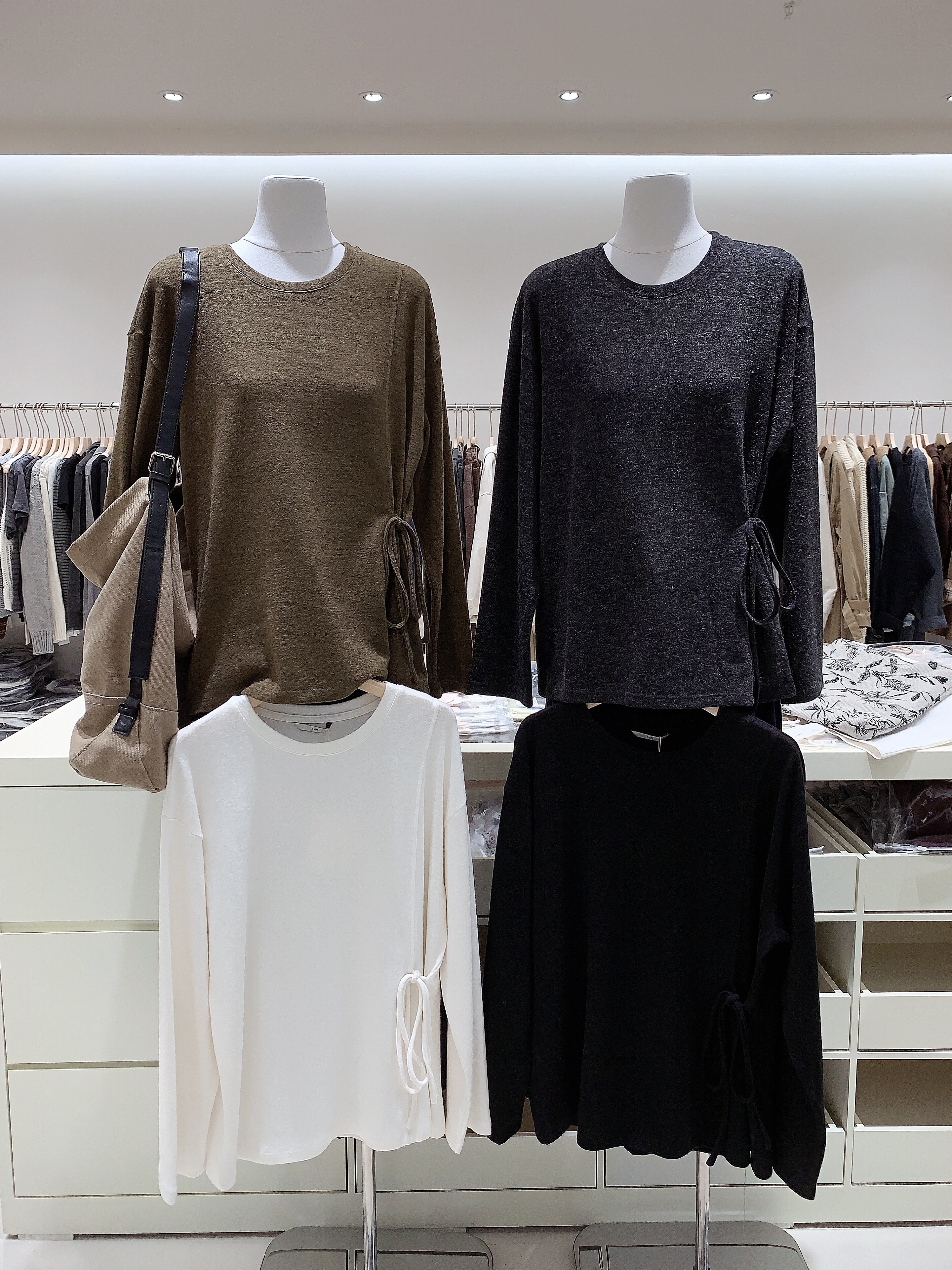 韩国东大门 高品质圆领套头T恤女长袖系带休闲打底衫上衣磨毛棉