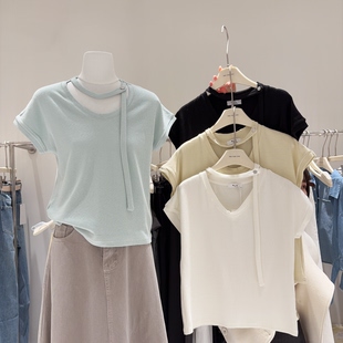 显瘦百搭纯色上衣打底衫 miu系时髦感 飘带设计V领正肩T恤女短袖