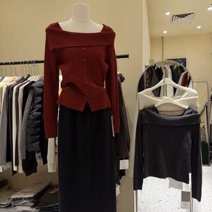 红色斜肩毛衣女秋冬内搭安可拉红针织打底露肤一字肩上衣显瘦气质