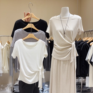 韩国欧尼同款 交叉系带上衣莱塞尔棉亲肤 气质优雅大圆领T恤女短袖