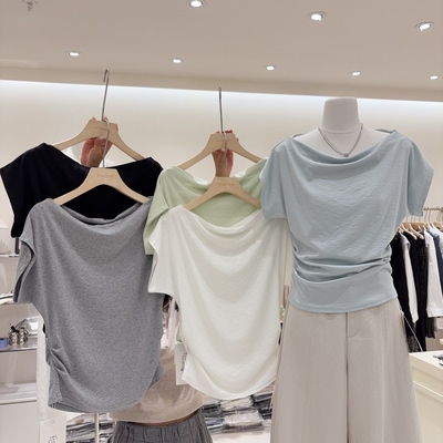 法式一字肩荡领短袖T恤女褶皱收腰上衣纯色打底衫莫代尔棉小衫潮