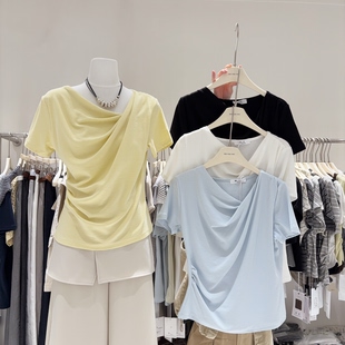 收腰抽褶蓝色上衣莫代尔 T恤女2026夏季 自留款 纯欲荡领斜肩短袖