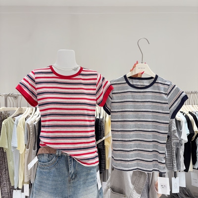 巨显瘦！小版正肩弹力棉撞色条纹T恤女短袖修身显瘦上衣小个子潮