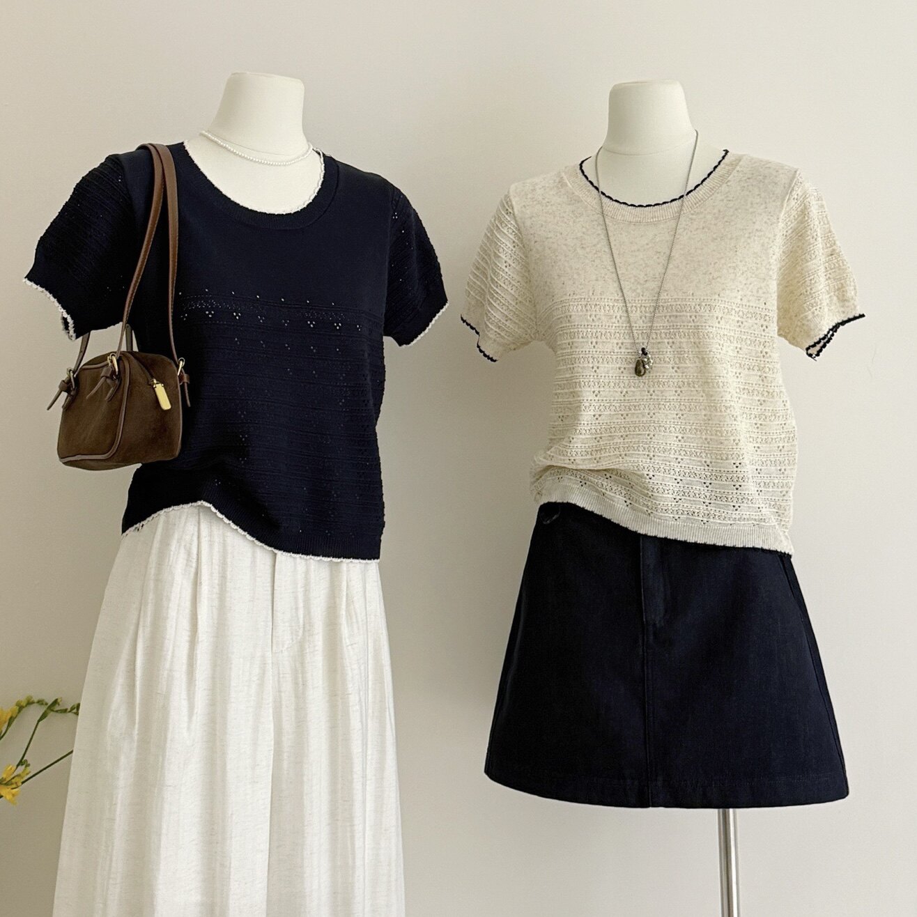 miu系少女款小衫！小香风撞色镂空麻花针织衫女短袖薄款冰丝上衣