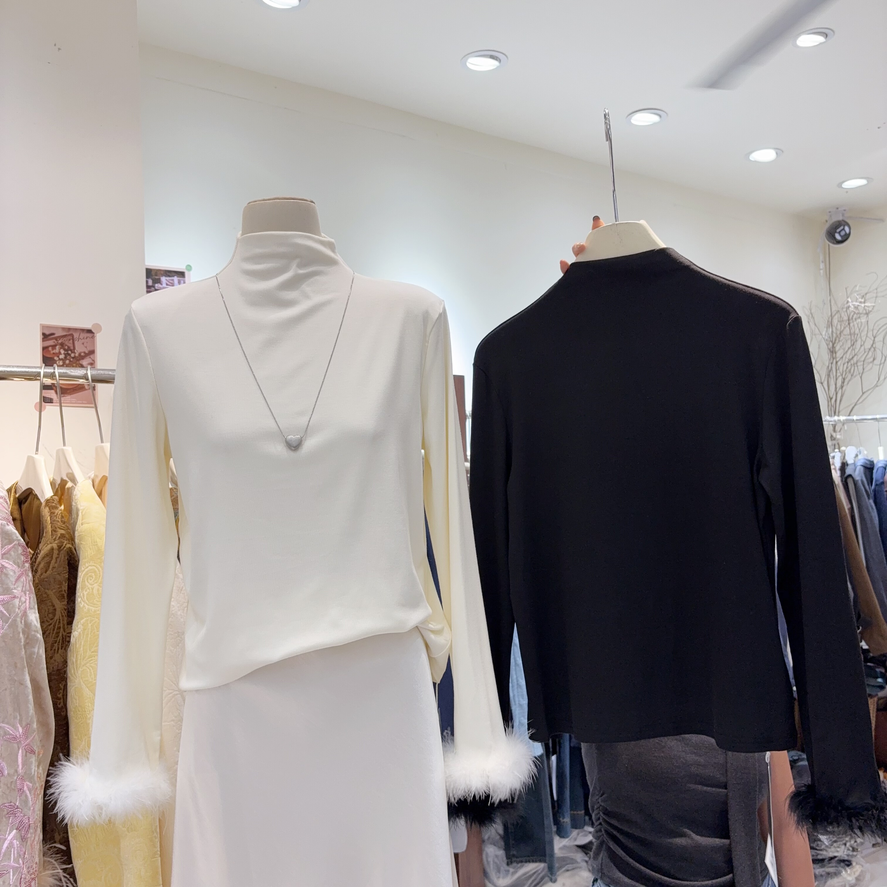 新中式国风时尚打底衫女毛毛䄂半高领打底衫女修身显瘦叠穿上衣