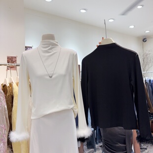 新中式国风抓薄绒打底衫女半高领打底衫女修身显瘦叠穿上衣