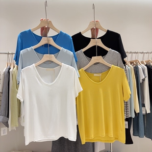 潮 宽松显瘦V领套头上衣纯色打底衫 自留 舒适丝滑面膜T恤女短袖